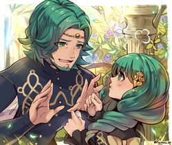  1boy beard bow brother_and_sister facial_hair female fire_emblem fire_emblem:_three_houses flayn_(fire_emblem) flower from_side fujimaru_(green_sparrow) green_eyes green_facial_hair green_hair hair_ornament long_hair long_sleeves nervous open_mouth pout protected_link seteth_(fire_emblem) short_hair siblings twitter_username upper_body yellow_bow 