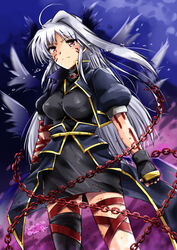  arm_strap black_dress black_gloves black_jacket black_thighhighs black_wings blue_sky chains closed_mouth commentary crying crying_with_eyes_open dated dress facial_mark female fingerless_gloves frown gloves grey_hair highres jacket long_hair lyrical_nanoha magical_girl mahou_shoujo_lyrical_nanoha mahou_shoujo_lyrical_nanoha_a&#039;s mahou_shoujo_lyrical_nanoha_the_movie_2nd_a&#039;s multicolored_sky nachtwal puffy_short_sleeves puffy_sleeves purple_sky red_eyes reinforce san-pon short_dress short_sleeves single_hair_intake single_thighhigh sky solo tears thigh_strap thighhighs twitter_username waist_cape wings 