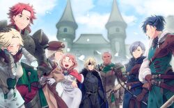  3girls 5boys annette_fantine_dominic areadbhar_(fire_emblem) armor ashe_ubert ataka_takeru bad_id bad_twitter_id belt bird black_hair blonde_hair blue_cape blue_eyes blue_sky bow_(weapon) brown_gloves cape castle closed_eyes closed_mouth cloud crying dark-skinned_male dark_skin day dedue_molinaro dimitri_alexandre_blaiddyd earrings eyepatch feathers felix_hugo_fraldarius fire_emblem fire_emblem:_three_houses freckles from_side fur_trim gloves grey_hair hand_on_another&#039;s_head hat holding holding_bow_(weapon) holding_weapon ingrid_brandl_galatea jewelry long_hair long_sleeves mercedes_von_martritz multiple_boys multiple_girls open_mouth orange_hair outdoors polearm red_hair short_hair sky smile sylvain_jose_gautier weapon white_gloves 