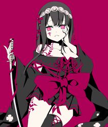  arm_tattoo asymmetrical_legwear bad_id bad_twitter_id bare_shoulders black_dress black_hair bow breasts cleavage collarbone commentary_request dress facial_tattoo female floral_print flower_knot hair_ornament hairband hand_on_own_face highres holding holding_sword holding_weapon kageuchi_suishinshi_masahide_(tenka_hyakken) katana long_hair looking_at_viewer nyaromaru off-shoulder_dress off_shoulder parted_lips purple_background purple_bow purple_eyes purple_trim raised_eyebrows ribbon sidelocks solo sword tattoo tenka_hyakken weapon wide_sleeves 