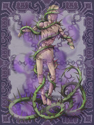  aura chains commentary_request dark_aura drawing_mannequin full_body grey_background kerberos_blade monster natsuya_(kuttuki) no_humans plant purple_background thorns vines 