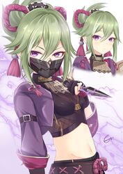  amasajithira black_gloves black_shirt breasts commentary crop_top cropped_jacket female genshin_impact gloves gradient_background green_hair groin hair_between_eyes hand_up highres holding holding_weapon jacket kuki_shinobu kunai long_sleeves looking_at_viewer mask midriff mouth_mask multiple_views navel ponytail purple_background purple_eyes purple_jacket reverse_grip shirt short_hair small_breasts stomach upper_body weapon white_background 