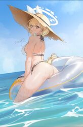  ass behalter bikini blonde_hair blue_eyes blue_hair braid braided_ponytail breasts broken_halo commentary english_commentary english_text female glasses halo hat in_water innertube large_breasts light_blue_hair long_hair looking_at_viewer looking_back multicolored_hair multiple_halos original raphael_(behalter) solo straw_hat swim_ring swimsuit wet white_bikini 