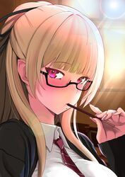  azur_lane black-framed_eyewear black_jacket black_ribbon blonde_hair blush breasts collared_shirt female food hair_ribbon highres jacket large_breasts mole mole_under_mouth necktie official_alternate_costume p.i.t.d pink_eyes pink_nails pocky red_necktie ribbon school_uniform semi-rimless_eyewear shirt swiftsure_(azur_lane) swiftsure_(study_hall_cyclamen)_(azur_lane) white_shirt 