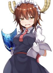  annoyed black_dress blush breasts brown_eyes commentary_request cosplay dragon_horns dress female grand_blue horns kobayashi-san_chi_no_maidragon kotegawa_chisa looking_at_viewer maid maid_headdress medium_breasts miyabi_(miyabeeya) puffy_short_sleeves puffy_sleeves red_hair short_hair short_sleeves simple_background solo sweatdrop tohru_(maidragon) tohru_(maidragon)_(cosplay) white_background 