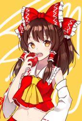  apple ascot bad_apple!! bad_id bad_pixiv_id bare_shoulders bow brown_hair commentary_request crop_top crop_top_overhang detached_sleeves eating female food frilled_bow frilled_shirt_collar frills fruit goyain hair_tubes hairbow hakurei_reimu hand_up highres holding holding_food holding_fruit long_hair long_sleeves looking_at_viewer midriff navel open_mouth orange_eyes red_bow red_shirt shirt solo stomach touhou upper_body wide_sleeves yellow_ascot 