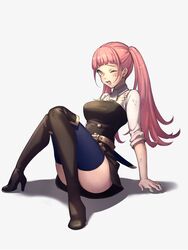  belt black_footwear blue_thighhighs blunt_bangs boots breasts commentary_request convenient_leg dirty dirty_clothes dirty_face female fire_emblem fire_emblem:_three_houses full_body garreg_mach_monastery_uniform high_heel_boots high_heels highres hilda_valentine_goneril knee_boots knees_together_feet_apart long_hair medium_breasts miniskirt moyashi_mou2 neckerchief one_eye_closed open_mouth pink_eyes pink_hair scabbard shadow sheath sheathed simple_background sitting skirt sleeves_rolled_up solo sword thighhighs thighhighs_under_boots thighs twintails weapon white_background 