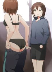  2girls ass bad_id bad_twitter_id black_bra black_panties blush bra breasts brown_eyes brown_hair dressing from_behind funami_yui gym_shorts gym_uniform highres kamiki_uutarou minamino_tsubasa multiple_girls open_mouth panties pants short_hair shorts small_breasts standing sweat teacher_and_student track_pants track_suit underwear window yuri yuru_yuri 