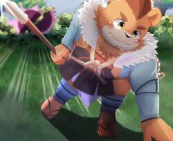  2022 anthro bear biped blush brown_body hi_res inugamihito kemono mammal oosumi_(tamacolle) outside solo tamacolle weapon 