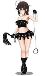  absurdres ahoge alternate_costume ankle_boots baji_toufuu_(bajitohfu) black_footwear black_gloves black_panties black_socks blue_eyes blush bondage boots breasts brown_hair chain_leash chains closed_mouth collarbone commission crossed_legs dominatrix female flogger full_body gloves hair_between_eyes hair_flaps high_heel_boots high_heels highres holding kantai_collection kneehighs latex latex_gloves latex_shirt latex_skirt leash long_hair medium_breasts microskirt midriff navel panties shigure_(kancolle) shigure_kai_ni_(kancolle) shirt simple_background skeb_commission skirt socks solo stomach strapless strapless_shirt tube_top underwear watson_cross white_background 