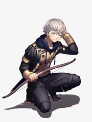  1boy ashe_ubert black_footwear boots bow commentary_request dirty dirty_clothes dirty_face fire_emblem fire_emblem:_three_houses freckles full_body garreg_mach_monastery_uniform green_eyes grey_hair hand_on_own_head highres long_sleeves male_focus moyashi_mou2 one_eye_closed pants scabbard shadow sheath sheathed shoulder_strap simple_background solo squatting sword wavy_mouth weapon white_background white_hair 