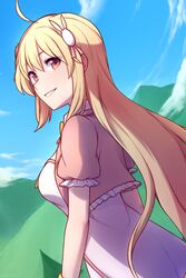  ahoge blonde_hair blue_sky brown_eyes commentary day english_commentary female from_behind hair_ornament highres long_hair looking_at_viewer looking_back mountainous_horizon outdoors parted_lips puffy_short_sleeves puffy_sleeves rabbit_hair_ornament rabi-ribi rumi_(rabi_ribi) short_sleeves sky smile solo speckticuls very_long_hair 