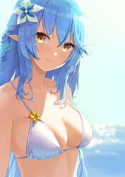  ahoge bikini blue_hair blush braid breasts closed_mouth colored_tips commentary elf eyes_visible_through_hair female flower hair_between_eyes hair_flower hair_ornament half_updo highres hololive large_breasts long_hair looking_at_viewer makimaki_makky7 medium_breasts multicolored_hair pointy_ears smile solo streaked_hair string_bikini swimsuit upper_body virtual_youtuber white_bikini white_flower yellow_eyes yukihana_lamy 