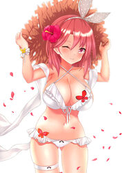  ;) arms_up ass_visible_through_thighs azur_lane bare_shoulders bikini black_prince_(azur_lane) black_prince_(white_princess)_(azur_lane) blush breasts brown_headwear cleavage closed_mouth collarbone commentary criss-cross_halter female flower frilled_bikini frills gatchapowa grey_hairband grey_ribbon hair_between_eyes hair_flower hair_ornament hair_ribbon hairband halterneck hands_on_headwear hat large_breasts looking_at_viewer navel official_alternate_costume one_eye_closed petals polka_dot polka_dot_ribbon red_eyes red_flower red_hair ribbon simple_background smile solo standing straw_hat swimsuit white_background white_bikini 