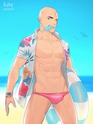  1boy abs alternate_costume bad_id bad_pixiv_id bald bara blue_eyes blue_sky bulge cross_scar fate/grand_order fate_(series) highres houzouin_inshun_(fate) hunterkay jewelry looking_at_viewer male_focus muscular muscular_male outdoors pectorals scar sky smile solo summer water 