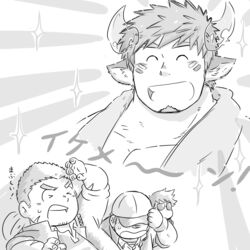  4boys ^_^ animal_ears bara blinding_light blush chibi closed_eyes eye_black facial_hair fiery_horns forked_eyebrows glowing_horns goatee greyscale happy_aura highres horns large_pectorals male_focus monochrome multiple_boys muscular muscular_male nakatsugi_kyuuma pectorals saruhiko_(mtmnkmn) short_hair smile sparkle tamamura_gunzo thick_eyebrows tokyo_afterschool_summoners topless_male upper_body wakan_tanka 