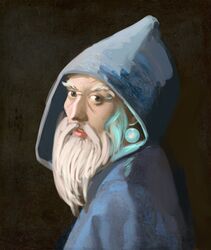  1boy beard commentary earrings english_commentary facial_hair fine_art_parody girl_with_a_pearl_earring glowing grey_eyes highres hood hooded_robe jewelry long_beard looking_at_viewer male_focus meme moustache old old_man orb palantir parody parted_lips pondering_my_orb_(meme) robe saruman solo three_quarter_view tolkien&#039;s_legendarium upper_body white_hair wizard xavierck3d 