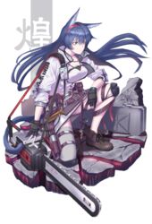  absurdres animal_ears arknights black_hair blaze_(arknights) blue_eyes boots cat_ears chainsaw chest_belt commentary_request female gloves highres long_hair on_one_knee partially_fingerless_gloves shao_(newton) single_thighhigh skirt solo tail thighhighs 