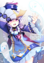  arm_up bad_id bad_pixiv_id blue_dress blue_hat braid commentary_request cropped_jacket dress email_address female genshin_impact hair_ornament hat jacket long_hair long_sleeves ofuda open_mouth purple_eyes purple_hair purple_jacket qingdai_guanmao qiqi_(genshin_impact) sleeves_past_fingers sleeves_past_wrists solo sweat tears tempy_(rinsia) very_long_hair weibo_watermark wide_sleeves 