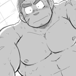  1boy abs bara blush facial_hair flustered greyscale large_pectorals looking_at_viewer male_focus monochrome muscular muscular_male nipples pectorals pov saruhiko_(mtmnkmn) scar short_hair solo tamamura_gunzo thick_eyebrows tokyo_afterschool_summoners topless_male upper_body 