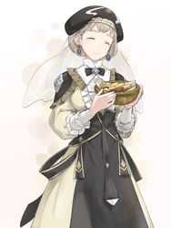  basket black_hat breasts closed_eyes closed_mouth commentary_request cookie cowboy_shot dress earrings female fire_emblem fire_emblem:_three_houses food hat jewelry light_brown_hair long_sleeves medium_breasts mercedes_von_martritz mikami short_hair simple_background smile solo veil white_background 