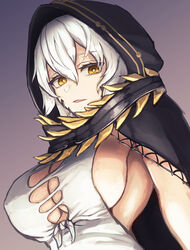  breasts bright_pupils code_vein commentary_request covered_nipples female gradient_background hair_between_eyes hood hood_up io_(code_vein) large_breasts moppo no_bra open_mouth short_hair solo torn_clothes upper_body white_hair yellow_eyes 