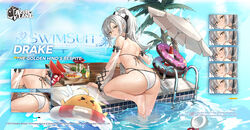  &gt;_&lt; artist_request ass azur_lane back bare_shoulders barefoot beach_umbrella bikini bird bow breasts brown_eyes chick detached_sleeves doughnut drake_(azur_lane) drake_(the_golden_hind&#039;s_respite)_(azur_lane) female flower food fruit grey_hair hairbow halterneck highres innertube long_hair long_sleeves looking_at_viewer looking_back manjuu_(azur_lane) medium_breasts multi-strapped_bikini official_alternate_costume official_art open_mouth palm_tree plate ponytail pool red_flower second-party_source see-through see-through_sleeves sidelocks solo sprinkles string_bikini swim_ring swimsuit thighs traffic_cone tree umbrella very_long_hair water watermelon wet white_bikini 