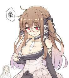  2girls alternate_costume azur_lane between_breasts blush breast_conscious breasts brown_hair choker cosplay dress empty_eyes formidable_(azur_lane) formidable_(azur_lane)_(cosplay) frilled_dress frilled_ribbon frills glasses highres london_(azur_lane) long_hair long_skirt medium_breasts multiple_girls red_eyes ribbon skirt spoken_squiggle squiggle twintails two-tone_dress two-tone_ribbon white_background yuki_shizuku 