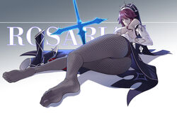  ass bad_id bad_pixiv_id bare_shoulders black_dress blush boots breasts character_name dress elbow_gloves feet female fishnet_pantyhose fishnets genshin_impact gloves grey_pantyhose habit hair_between_eyes high_heel_boots high_heels highres large_breasts legs looking_at_viewer lying multicolored_clothes multicolored_hair multicolored_headwear nun on_side pantyhose pelvic_curtain polearm purple_eyes purple_hair red_hair rosaria_(genshin_impact) short_hair soles solo spear streaked_hair tiara toes two-tone_dress unworn_boots weapon white_dress white_gloves yonoki 