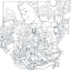  2girls 3boys :t armor borrowed_character chewing closed_eyes eating fantasy food food_on_face glasses hand_on_own_stomach highres holding holding_food licorice_(pixiv_fantasia) line_art long_hair meat monochrome multiple_boys multiple_girls muneate nishihara_isao pixiv_fantasia pixiv_fantasia_sword_regalia pointy_ears puffy_shorts ribbed_sleeves serini_(pixiv_fantasia) short_hair shorts sitting smile very_short_hair 