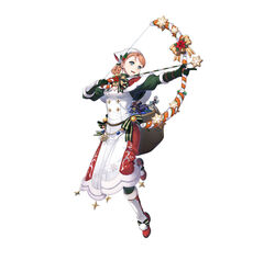  aiming annette_fantine_dominic annette_fantine_dominic_(winter) aqua_eyes arrow_(projectile) bandana blue_eyes boots bow_(weapon) braid braided_hair_rings breasts candy candy_cane cape cleavage dress female fire_emblem fire_emblem:_three_houses fire_emblem_heroes fire_emblem_warriors:_three_hopes food full_body gloves hair_rings holding holding_arrow holding_candy holding_candy_cane holding_food kiyu_(zuyu) official_alternate_costume official_alternate_hairstyle official_art orange_hair red_cape simple_background small_breasts solo tachi-e teeth upper_teeth_only weapon white_dress 