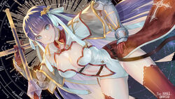  bad_id bad_pixiv_id blue_eyes blunt_bangs breasts capelet center_opening cross fate/grand_order fate_(series) female gauntlets gloves graphite_(medium) hair_ribbon large_breasts leotard martha_(fate) natsujiru purple_hair red_gloves ribbon smile solo straight_hair thighhighs traditional_media 