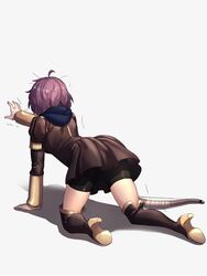  ahoge all_fours ass bernadetta_von_varley bike_shorts black_footwear boots bow commentary_request female fire_emblem fire_emblem:_three_houses from_behind full_body garreg_mach_monastery_uniform high_heel_boots high_heels highres knee_boots long_sleeves messy_hair miniskirt moyashi_mou2 outstretched_arm purple_hair shadow short_hair shorts shorts_under_skirt simple_background skirt solo thighs trembling white_background 