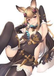  absurdres animal_ears arm_behind_head arm_up black_leotard black_thighhighs blonde_hair blush breasts cleavage closed_mouth commentary covered_navel detached_collar detached_sleeves erune female finger_to_mouth granblue_fantasy hair_ornament highres knee_up large_breasts leotard long_hair long_sleeves looking_at_viewer lying metera_(granblue_fantasy) mole mole_under_mouth nail_polish on_back pink_nails purple_eyes see-through smile solo strapless strapless_leotard thighhighs very_long_hair ym_(distance819) 