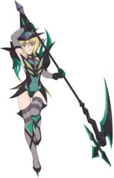  absurdres akatsuki_kirika arm_up blonde_hair blush breasts chuunioniika covered_navel female full_body green_eyes green_leotard highres ignite_module leotard looking_at_viewer medium_breasts scythe senki_zesshou_symphogear shiny_skin short_hair skin_tight solo standing striped_clothes striped_thighhighs thighhighs tongue tongue_out transparent_background 