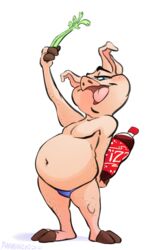  animancer basil_(urbansaint) belly beverage celery clothing domestic_pig food male mammal overweight overweight_male plant potbelly soda solo speedo suid suina sus_(pig) swimwear vegetable 