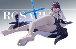  ass bad_id bad_pixiv_id bare_shoulders barefoot black_dress blush boots breasts character_name dress elbow_gloves feet female foreshortening genshin_impact gloves habit hair_between_eyes high_heel_boots high_heels highres large_breasts legs looking_at_viewer lying multicolored_clothes multicolored_hair multicolored_headwear nun on_side pelvic_curtain polearm purple_eyes purple_hair red_hair rosaria_(genshin_impact) short_hair soles solo spear streaked_hair tiara toes two-tone_dress unworn_boots weapon white_dress white_gloves yonoki 