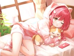  animal_hood bed bedroom blush cat_hood cat_tail female hood hoodie indoors long_hair looking_at_viewer lying on_bed on_side one_eye_closed original parted_lips pillow pink_hoodie red_hair solo stuffed_animal stuffed_cat stuffed_toy tail thighs window yazi114 