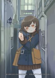  aiming aiming_at_viewer alley bag blue_coat braid brown_hair brown_skirt coat commentary_request cowboy_shot female gun handgun hands_up highres holding holding_gun holding_weapon kantai_collection long_hair long_sleeves looking_at_viewer messenger_bag nambu_type_14 orange_eyes pantyhose parted_lips pleated_skirt shoulder_bag single_braid skirt solo souya_(kancolle) standing subtitled toplow translated weapon white_pantyhose 