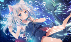  :o air_bubble animal_ears bag bare_arms blue_dress blue_eyes blue_hair blue_nails bubble cat_ears commentary_request cube_hair_ornament dress feet_out_of_frame female fins fish_tail gawr_gura gawr_gura_(casual) grey_hair hair_ornament hololive hololive_english looking_at_viewer mocha_(naturefour) multicolored_hair nail_polish parted_lips shark_tail shirt shoulder_bag side_ponytail sleeveless sleeveless_dress sleeveless_shirt solo streaked_hair tail virtual_youtuber white_shirt 