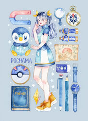  binoculars blue_hair blush book character_doll closed_mouth collared_dress commentary_request compass copyright_name doll dress equipment_layout eraser female great_ball grey_background grey_eyes hair_ribbon hand_up lipstick long_hair magnet magnifying_glass makeup miya_(akatabi_dante) nail_polish orange_footwear original pencil piplup poke_ball poke_ball_print pokemon red_lips ribbon shoes short_sleeves smile sparkle standing twintails watch wristwatch yellow_ribbon 