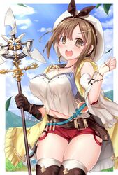  atelier_(series) atelier_ryza atelier_ryza_1 belt blue_belt blue_sky breasts brown_belt brown_eyes brown_gloves brown_hair cloud commentary_request day female gloves hair_ornament hairclip highres holding holding_staff jacket jewelry kazuneko_(wktk1024) landscape large_breasts leather leather_belt leather_gloves necklace outdoors pouch red_shorts reisalin_stout short_hair short_shorts shorts single_glove sky sleeveless sleeveless_jacket staff star_(symbol) star_necklace thick_thighs thigh_pouch thighs vial white_headwear yellow_jacket 