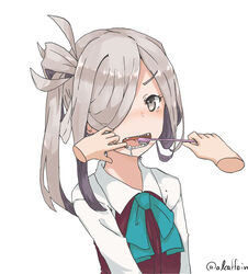  absurdres alcaffein asashimo_(kancolle) bad_id bad_pixiv_id brushing_another&#039;s_teeth brushing_teeth disembodied_hand drooling female grey_eyes grey_hair hair_over_one_eye highres kantai_collection looking_at_viewer open_mouth sharp_teeth teeth toothbrush twitter_username 