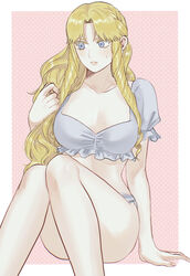  arm_support bare_arms blonde_hair blue_eyes braid breasts cleavage collarbone convenient_leg drill_hair earrings feet_out_of_frame female frilled_sleeves frills hand_up highres holding holding_own_hair jewelry knees_up konjiki_no_gash!! long_hair looking_at_hand looking_away outside_border ozaki_(tsukiko3) panties parted_lips puffy_short_sleeves puffy_sleeves red_background ringlets sherry_belmont short_sleeves side_drill sitting solo twin_drills underwear wavy_hair white_panties 