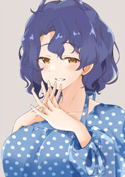  ahoge blue_dress blue_hair blush breasts collarbone dress female grey_background grin half-closed_eyes halter_dress halterneck hands_on_own_chest highres idolmaster idolmaster_million_live! interlocked_fingers large_breasts looking_at_viewer patterned_clothing ribbon_trim short_hair simple_background smile solo toyokawa_fuka tsunakanten upper_body wavy_hair 