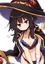  bandaged_arm bandages bikini black_bikini black_cape black_hair black_hat blush bow button_eyes buttons cape collarbone commentary_request dutch_angle female flat_chest frilled_bikini frills hat highres kono_subarashii_sekai_ni_shukufuku_wo! looking_at_viewer megumin murakami_meishi navel purple_bow red_eyes short_hair_with_long_locks side-tie_bikini_bottom sidelocks simple_background solo staff swimsuit upper_body v-shaped_eyebrows white_background witch_hat 