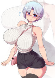  bag bare_arms bare_shoulders between_breasts black_shorts blue_hair blush breasts cowboy_shot female flying_sweatdrops glasses handbag high-waist_shorts highres huge_breasts impossible_clothes light_blue_hair looking_at_viewer original parted_bangs ponpo-chan_(ponponmaru) ponponmaru purple_eyes ribbed_sweater shorts simple_background skindentation sleeveless sleeveless_sweater smile solo strap_between_breasts sweater thighhighs white_background 