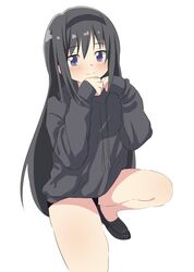  akemi_homura bad_id bad_pixiv_id bare_legs black_footwear black_hair blush drawstring eyebrows_hidden_by_hair female hair_between_eyes hairband hateri highres hood hood_down hoodie kneeling long_hair long_sleeves looking_at_viewer mahou_shoujo_madoka_magica mahou_shoujo_madoka_magica_(anime) purple_eyes sidelocks sleeves_past_wrists smile solo 