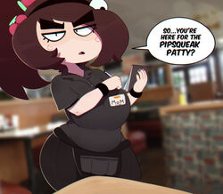  1girls black_nails blurry_background breasts brown_hair clothing denny&#039;s dialogue english_text eyebrows eyelashes female female_only femscrub_(somescrub) frown fully_clothed hair hair_ornament large_breasts looking_at_viewer milf milf_dennys mother nail_polish name_tag notepad pants restaurant shirt short_sleeves simple_background slightly_chubby solo solo_female somescrub speech_bubble standing talking talking_to_viewer text thick_thighs unhappy uniform wristband 