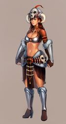  armor arms_at_sides blue_eyes breasts brown_footwear brown_gloves brown_hair choker cleavage clenched_hands doha_skylightscent fake_horns female fingerless_gloves full_body gloves greaves grey_background hat_feather helmet highres horned_helmet horns looking_at_viewer medium_breasts midriff navel original simple_background skull solo standing 